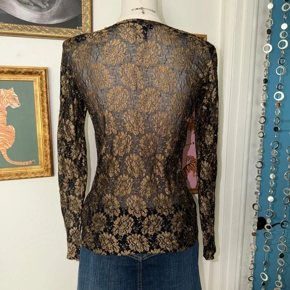 Vintage Y2K Karen Kane Black and Gold Floral Lace Top - Picture 2 of 3